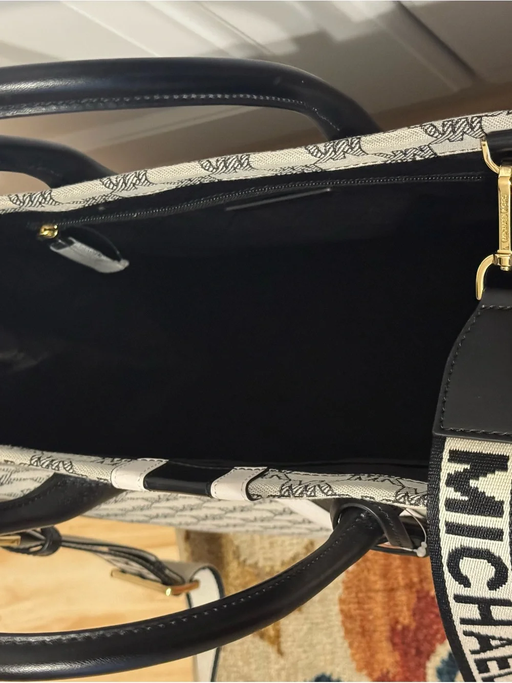 Michael Kors Black & White Signature Tote with Logo Strap